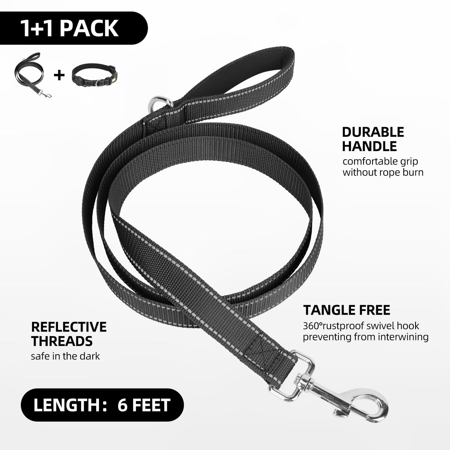 Dog Collar and Leash Set, Reflective with AirTag Holder, Padded Lining