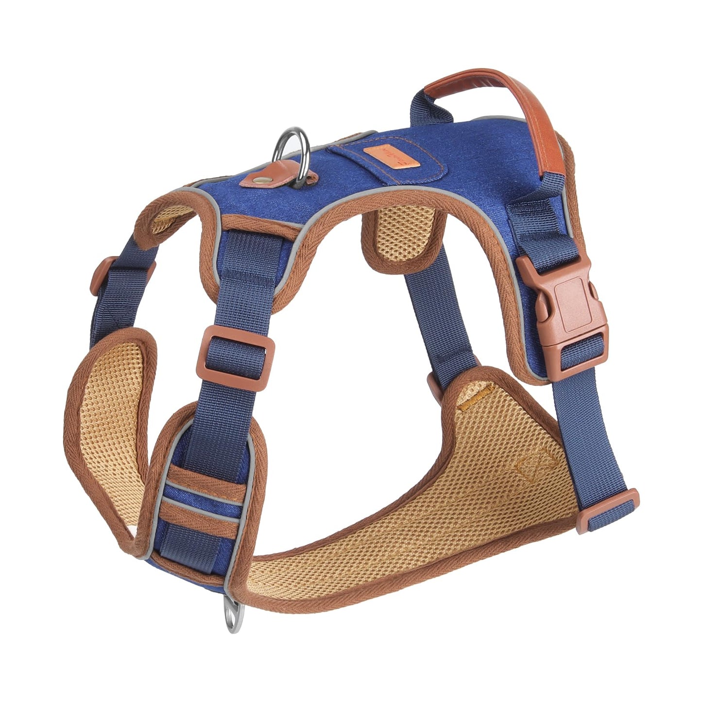 PawWave No- Pull Adjustable Denim Dog Harness-Comfortable Jeans Style Pet Vest with Reflective Straps, Durable Metal Ring, Secure Fit for Samll, Medium &Large Dogs