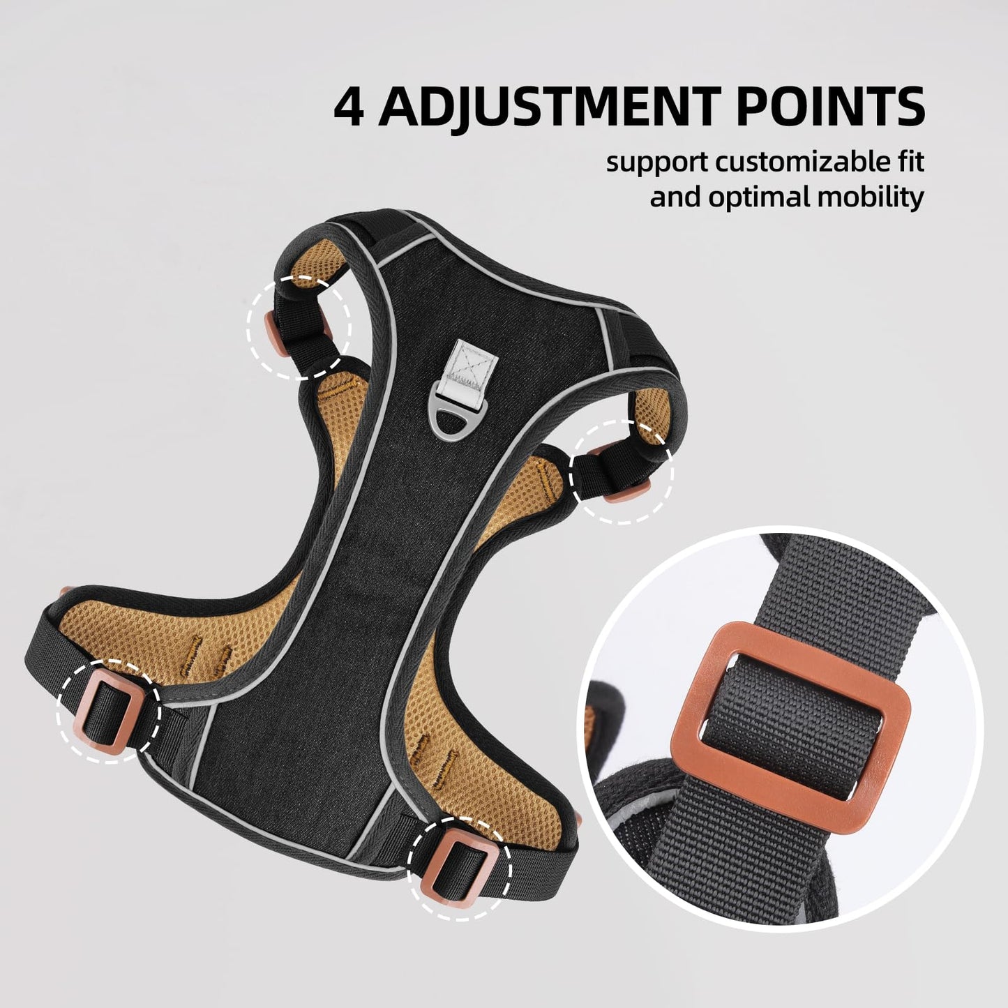 PawWave No- Pull Adjustable Denim Dog Harness-Comfortable Jeans Style Pet Vest with Reflective Straps, Durable Metal Ring, Secure Fit for Samll, Medium &Large Dogs