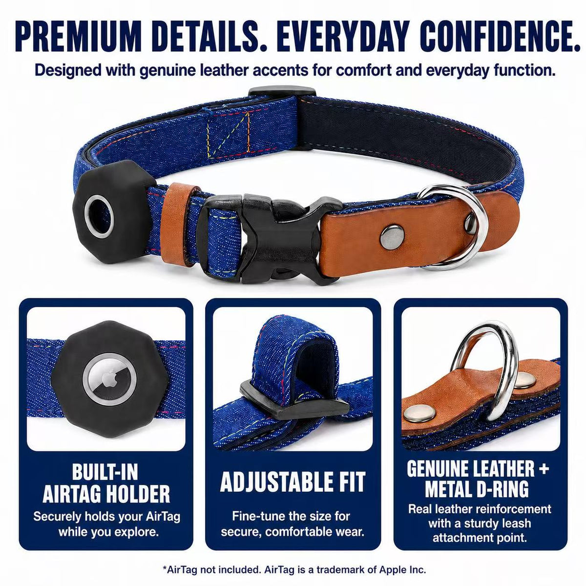 Denim Dog Collar & 3-in-1 Convertible Leash Set with AirTag Holder and Genuine Leather Accents