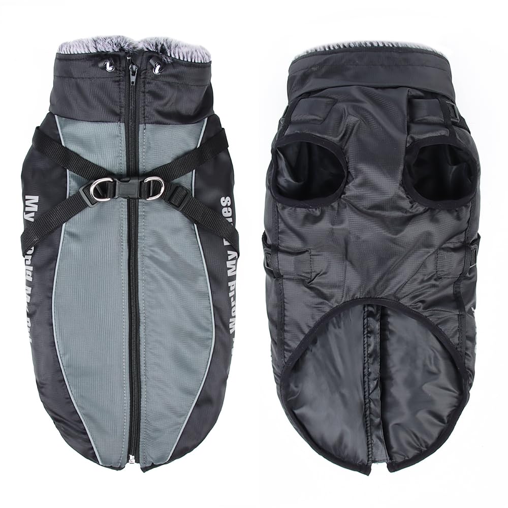 Waterproof Dog Winter Coat with Fur Collar, Reflective Details, Adjustable Straps, Black