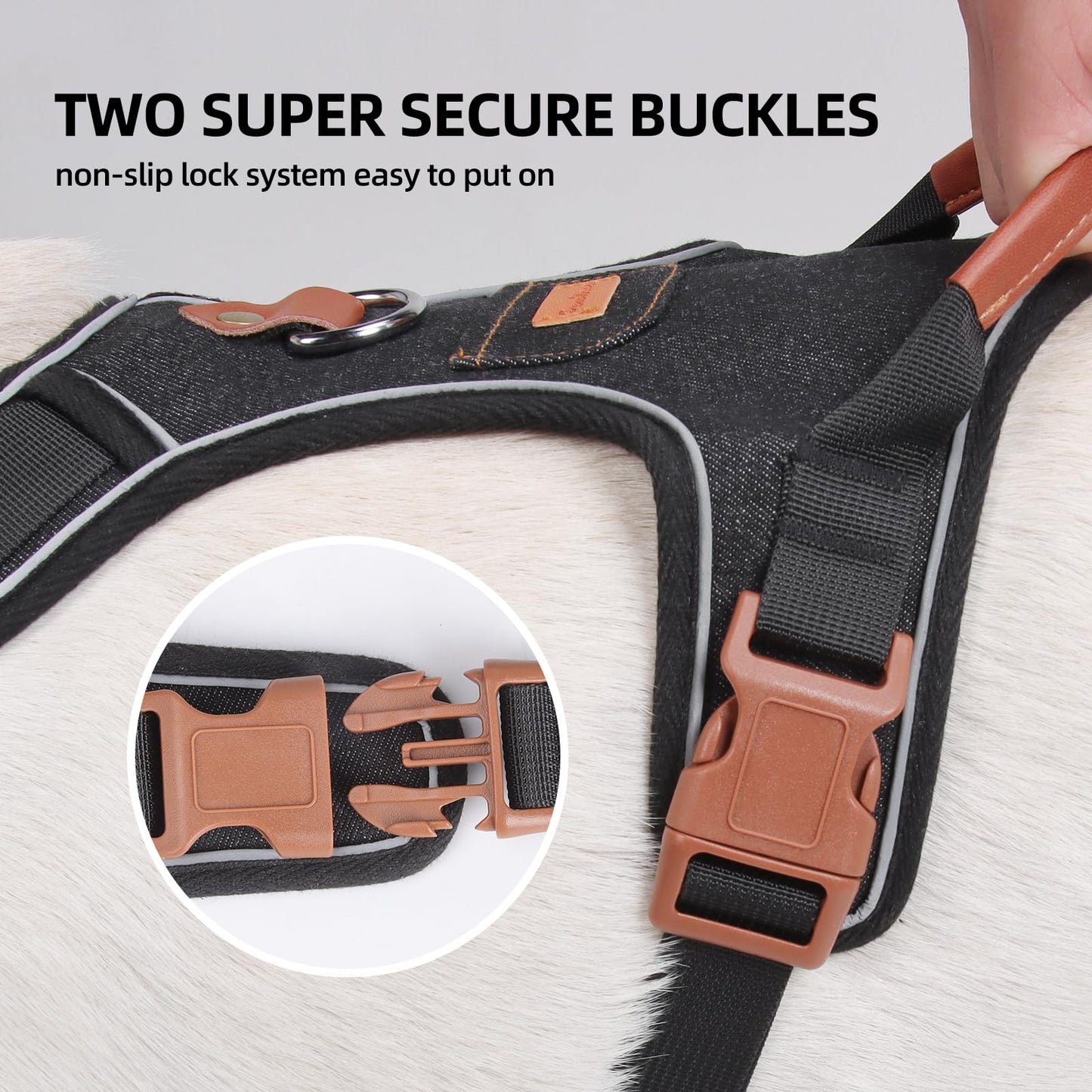 PawWave No- Pull Adjustable Denim Dog Harness-Comfortable Jeans Style Pet Vest with Reflective Straps, Durable Metal Ring, Secure Fit for Samll, Medium &Large Dogs