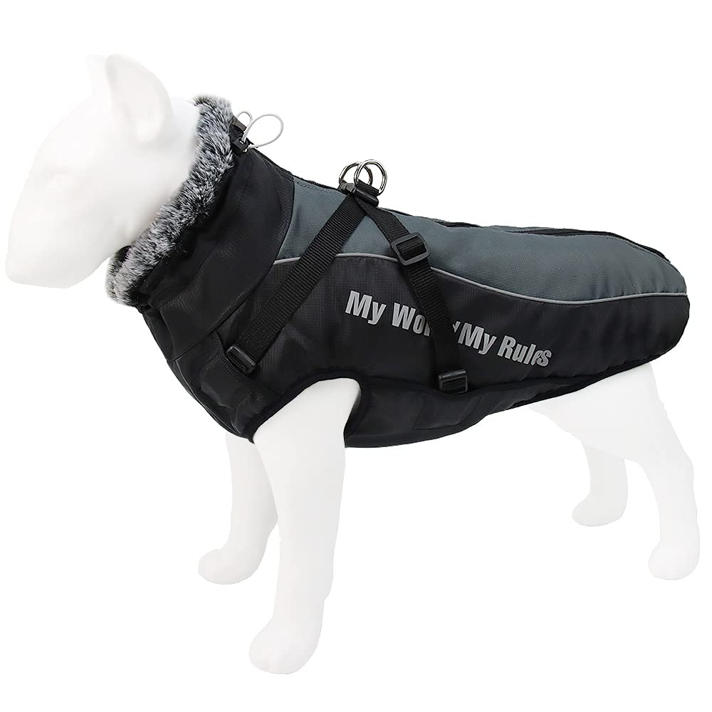 Waterproof Dog Winter Coat with Fur Collar, Reflective Details, Adjustable Straps, Black