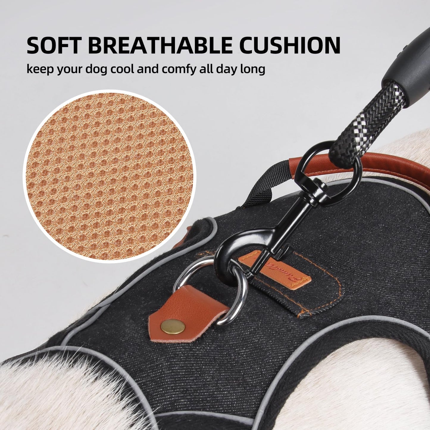 PawWave No- Pull Adjustable Denim Dog Harness-Comfortable Jeans Style Pet Vest with Reflective Straps, Durable Metal Ring, Secure Fit for Samll, Medium &Large Dogs