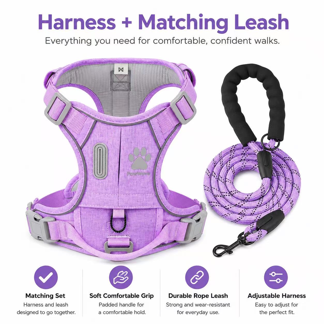 Matching Dog Harness and Leash Set with Hidden Tracker Pocket, Reflective No-Pull
