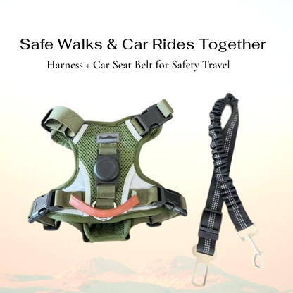 PawWave No-Pull Dog Harness with AirTag Holder adjustable dog vest plus Car safety leash set for small to large Dogs