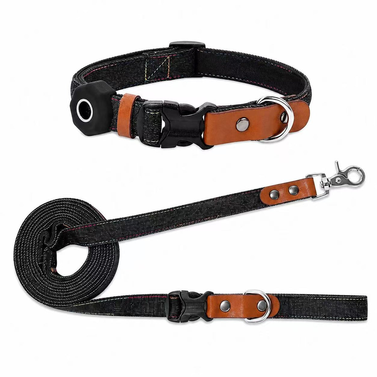 Denim Dog Collar & 3-in-1 Convertible Leash Set with AirTag Holder and Genuine Leather Accents
