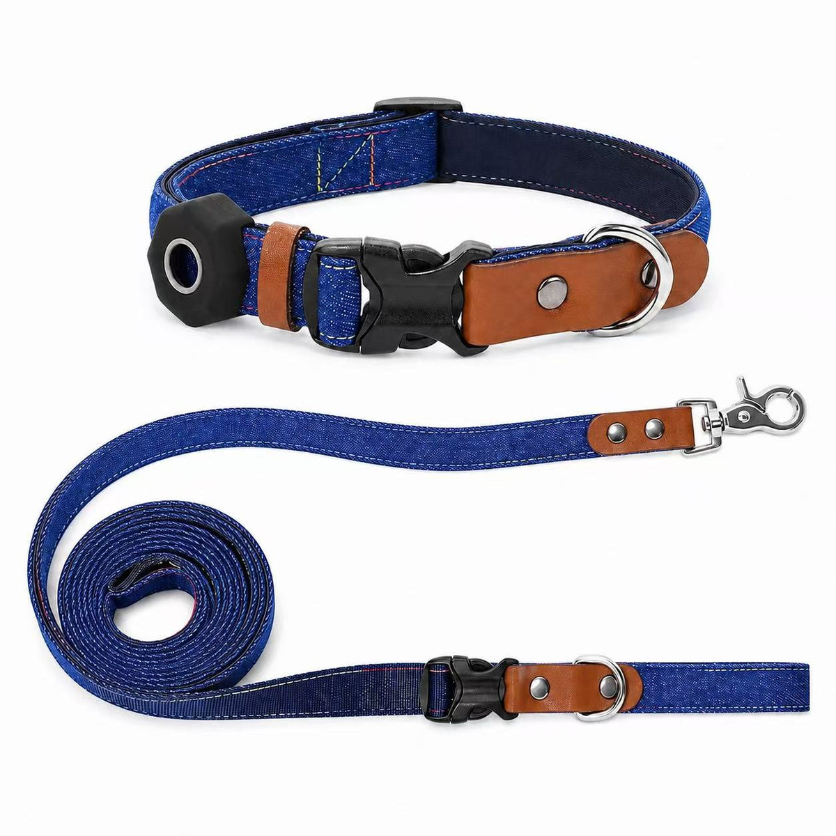 Denim Dog Collar & 3-in-1 Convertible Leash Set with AirTag Holder and Genuine Leather Accents