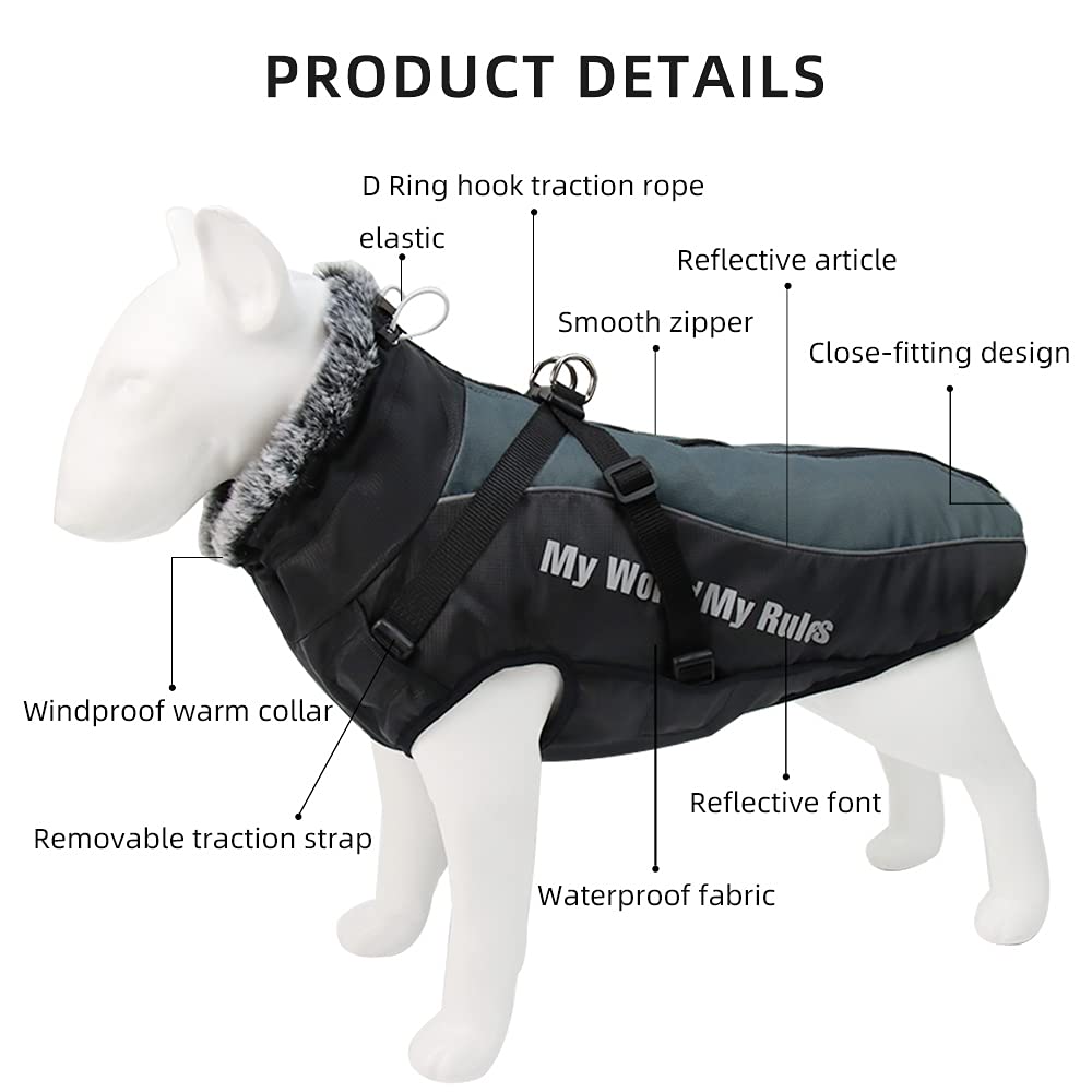 Waterproof Dog Winter Coat with Fur Collar, Reflective Details, Adjustable Straps, Black