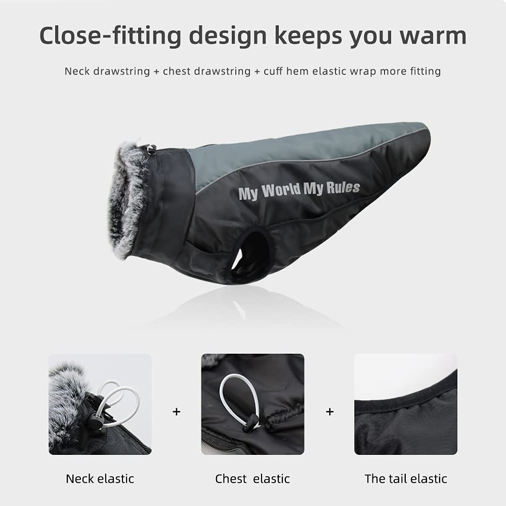 Waterproof Dog Winter Coat with Fur Collar, Reflective Details, Adjustable Straps, Black