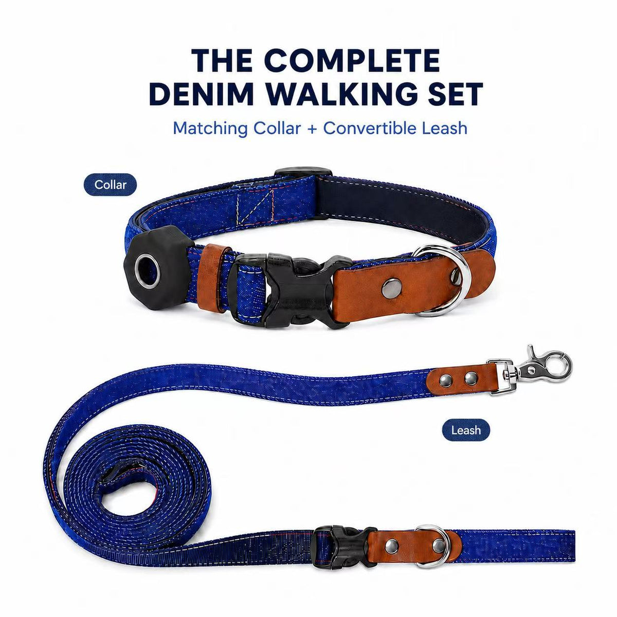 Denim Dog Collar & 3-in-1 Convertible Leash Set with AirTag Holder and Genuine Leather Accents