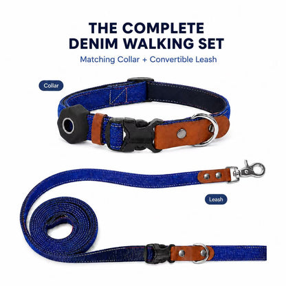 Denim Dog Collar & 3-in-1 Convertible Leash Set with AirTag Holder and Genuine Leather Accents