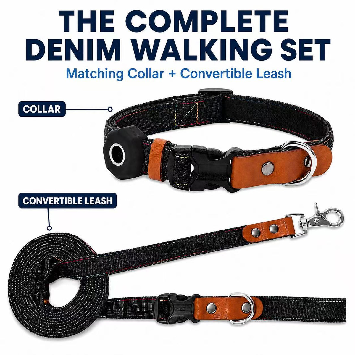Denim Dog Collar & 3-in-1 Convertible Leash Set with AirTag Holder and Genuine Leather Accents