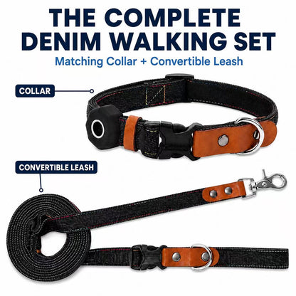 Denim Dog Collar & 3-in-1 Convertible Leash Set with AirTag Holder and Genuine Leather Accents