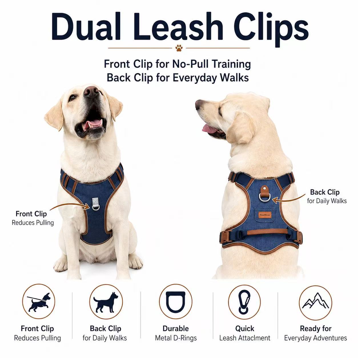 PawWave No pull Denim Dog Harness with Car Safety Leash set for daily stylish walks for small to Large Dogs