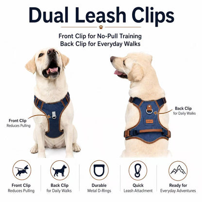 PawWave No pull Denim Dog Harness with Car Safety Leash set for daily stylish walks for small to Large Dogs