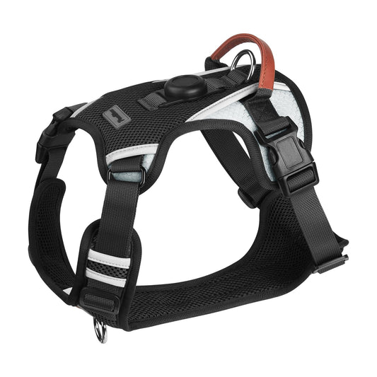 PawWave Dog Harness with GPS Tracker Holder, No-Pull Reflective Vest, Three Secure Buckles, Black