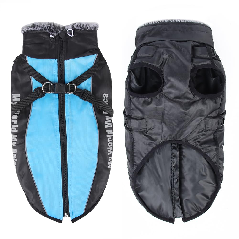 Waterproof Dog Winter Coat with Fur Collar, Reflective Details, Adjustable Straps, Black