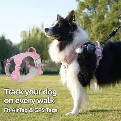 PawWave No Pull Dog Harness with Hidden Tracking Tag Holder– Soft Padded Reflective Vest plus Car Safety Leash set perfectly for small to Large Dogs