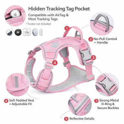 PawWave No Pull Dog Harness with Hidden Tracking Tag Holder– Soft Padded Reflective Vest plus Car Safety Leash set perfectly for small to Large Dogs
