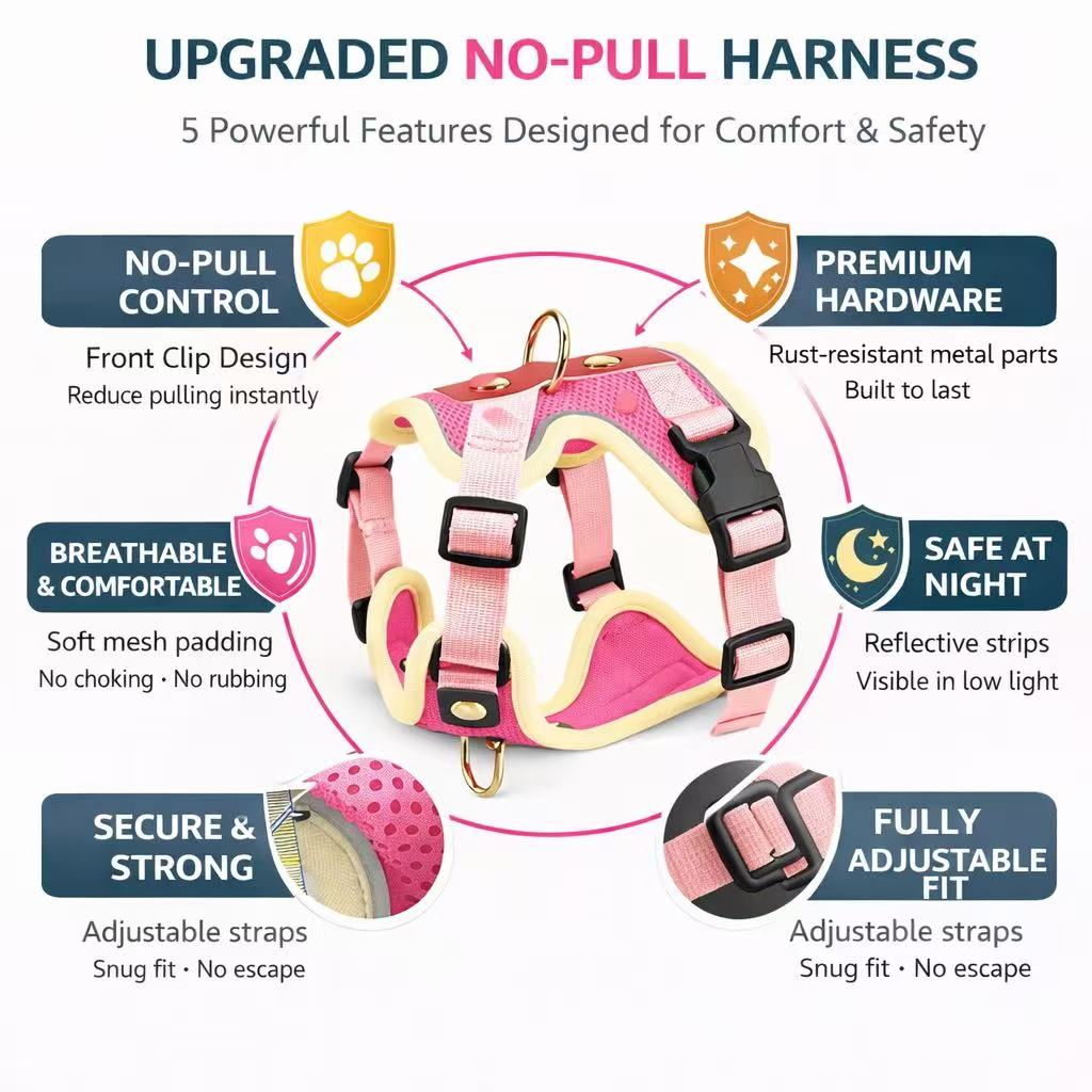 PawWave No-Pull Dog Harness, Leash and Car Safety Leash Set, Front Clip Lightweight Mesh Vest for Small and Medium Dogs