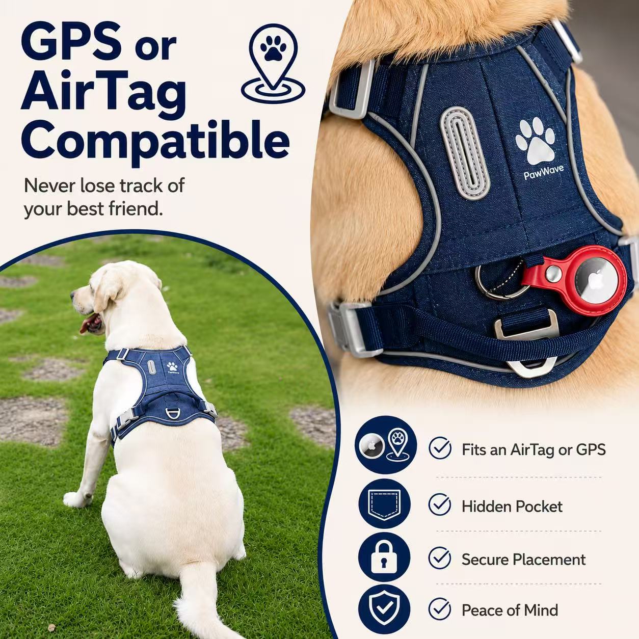 Matching Dog Harness and Leash Set with Hidden Tracker Pocket, Reflective No-Pull