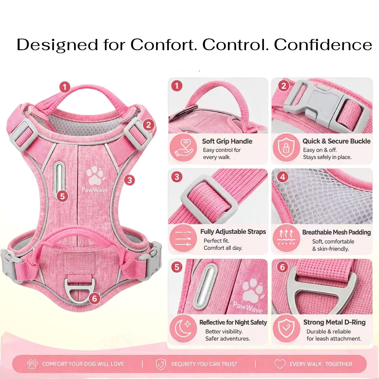 PawWave No Pull Dog Harness with Hidden Tracking Tag Holder– Soft Padded Reflective Vest plus Car Safety Leash set perfectly for small to Large Dogs