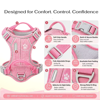 PawWave No Pull Dog Harness with Hidden Tracking Tag Holder– Soft Padded Reflective Vest plus Car Safety Leash set perfectly for small to Large Dogs