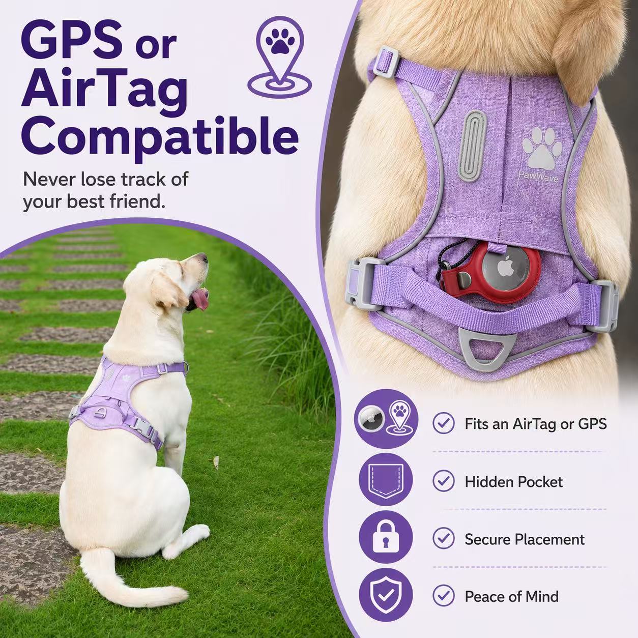 PawWave No Pull Dog Harness with Hidden Tracking Tag Holder– Soft Padded Reflective Vest plus Car Safety Leash set perfectly for small to Large Dogs