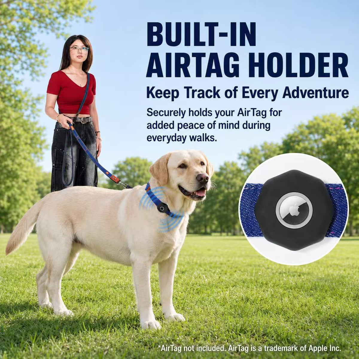 Denim Dog Collar & 3-in-1 Convertible Leash Set with AirTag Holder and Genuine Leather Accents
