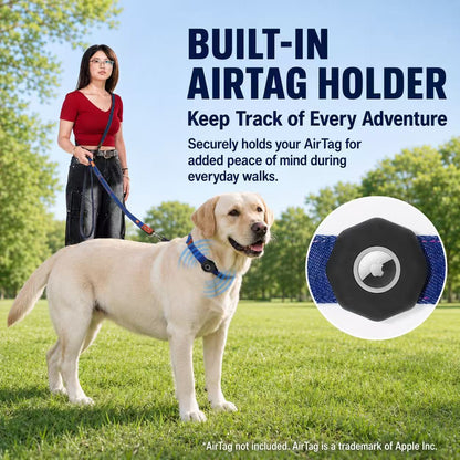 Denim Dog Collar & 3-in-1 Convertible Leash Set with AirTag Holder and Genuine Leather Accents