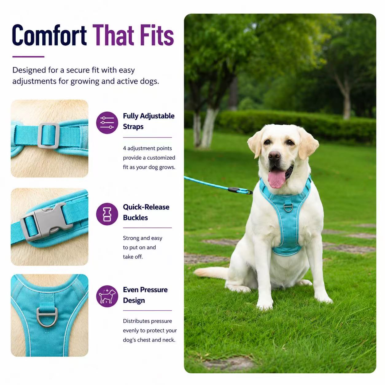 PawWave No Pull Dog Harness with Hidden Tracking Tag Holder– Soft Padded Reflective Vest plus Car Safety Leash set perfectly for small to Large Dogs