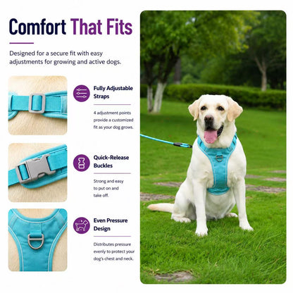 PawWave No Pull Dog Harness with Hidden Tracking Tag Holder– Soft Padded Reflective Vest plus Car Safety Leash set perfectly for small to Large Dogs
