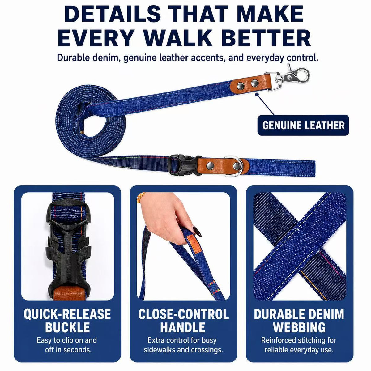 Denim Dog Collar & 3-in-1 Convertible Leash Set with AirTag Holder and Genuine Leather Accents