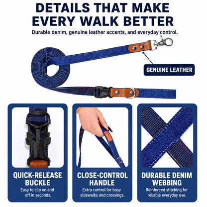 Denim Dog Collar & 3-in-1 Convertible Leash Set with AirTag Holder and Genuine Leather Accents