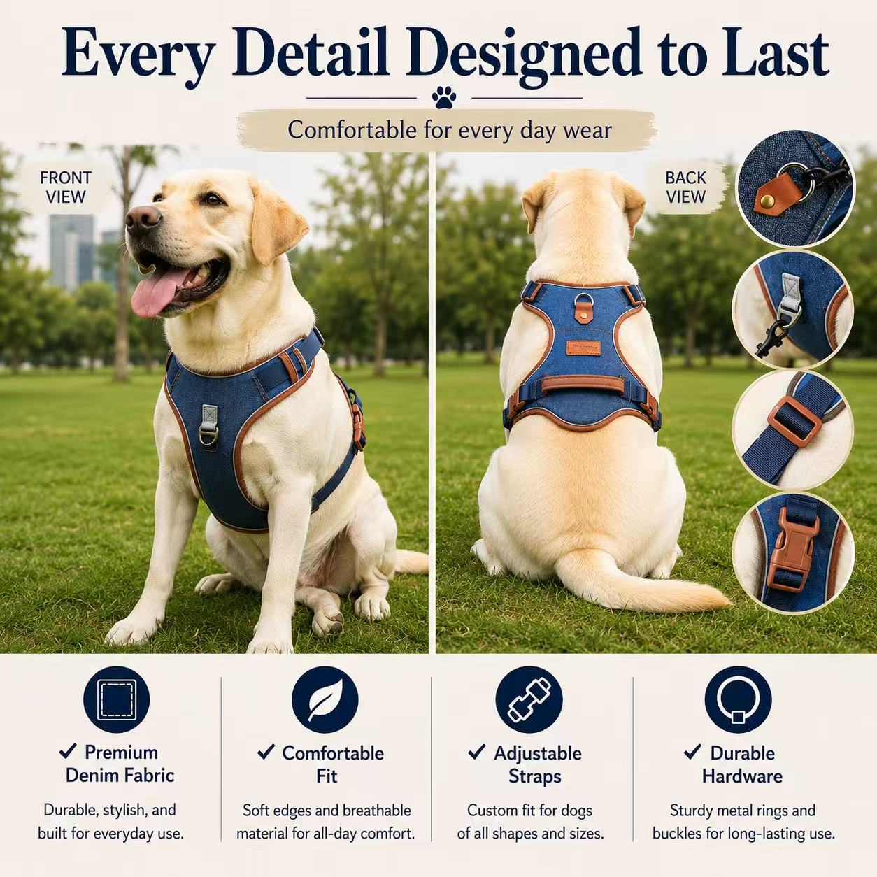 PawWave No pull Denim Dog Harness with Car Safety Leash set for daily stylish walks for small to Large Dogs