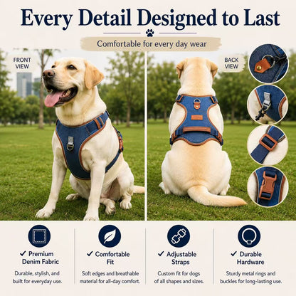 PawWave No pull Denim Dog Harness with Car Safety Leash set for daily stylish walks for small to Large Dogs