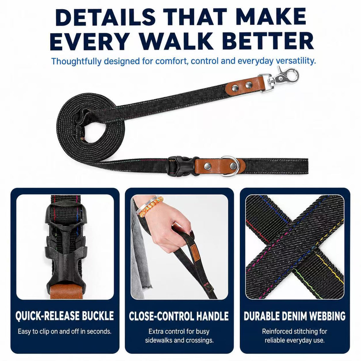 Denim Dog Collar & 3-in-1 Convertible Leash Set with AirTag Holder and Genuine Leather Accents
