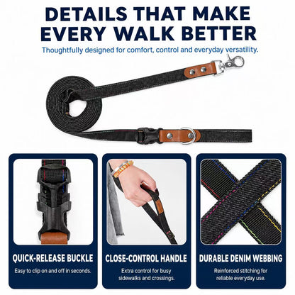 Denim Dog Collar & 3-in-1 Convertible Leash Set with AirTag Holder and Genuine Leather Accents