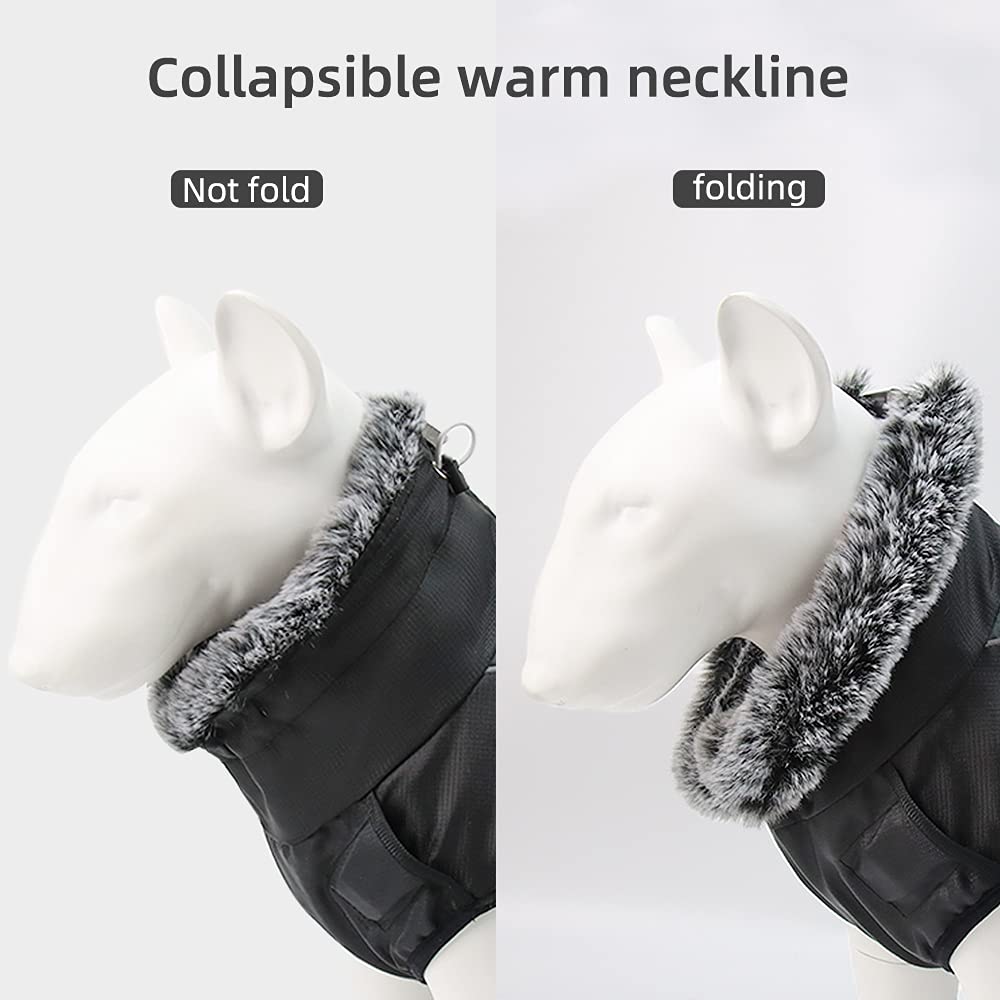 Waterproof Dog Winter Coat with Fur Collar, Reflective Details, Adjustable Straps, Black