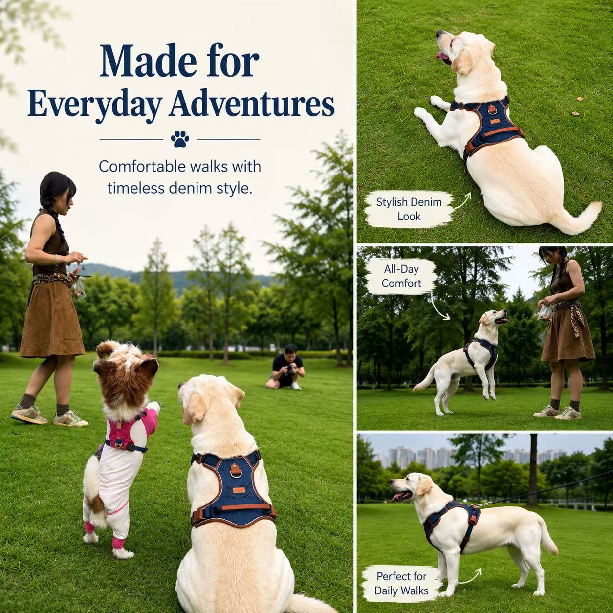 PawWave No pull Denim Dog Harness with Car Safety Leash set for daily stylish walks for small to Large Dogs