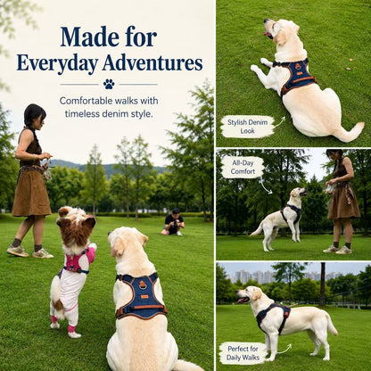 PawWave No pull Denim Dog Harness with Car Safety Leash set for daily stylish walks for small to Large Dogs
