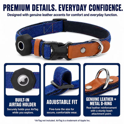 Denim Dog Collar & 3-in-1 Convertible Leash Set with AirTag Holder and Genuine Leather Accents