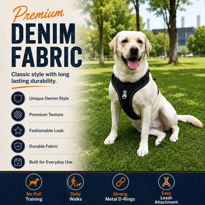 PawWave No pull Denim Dog Harness with Car Safety Leash set for daily stylish walks for small to Large Dogs