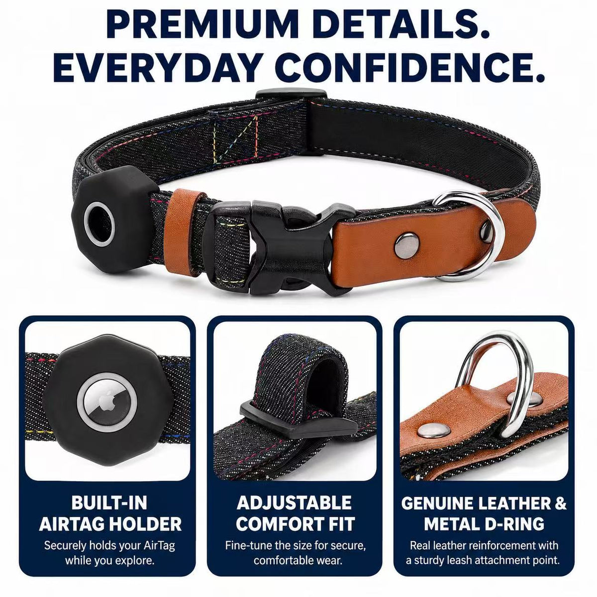 Denim Dog Collar & 3-in-1 Convertible Leash Set with AirTag Holder and Genuine Leather Accents