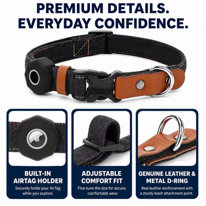 Denim Dog Collar & 3-in-1 Convertible Leash Set with AirTag Holder and Genuine Leather Accents