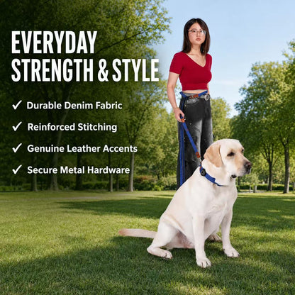 Denim Dog Collar & 3-in-1 Convertible Leash Set with AirTag Holder and Genuine Leather Accents