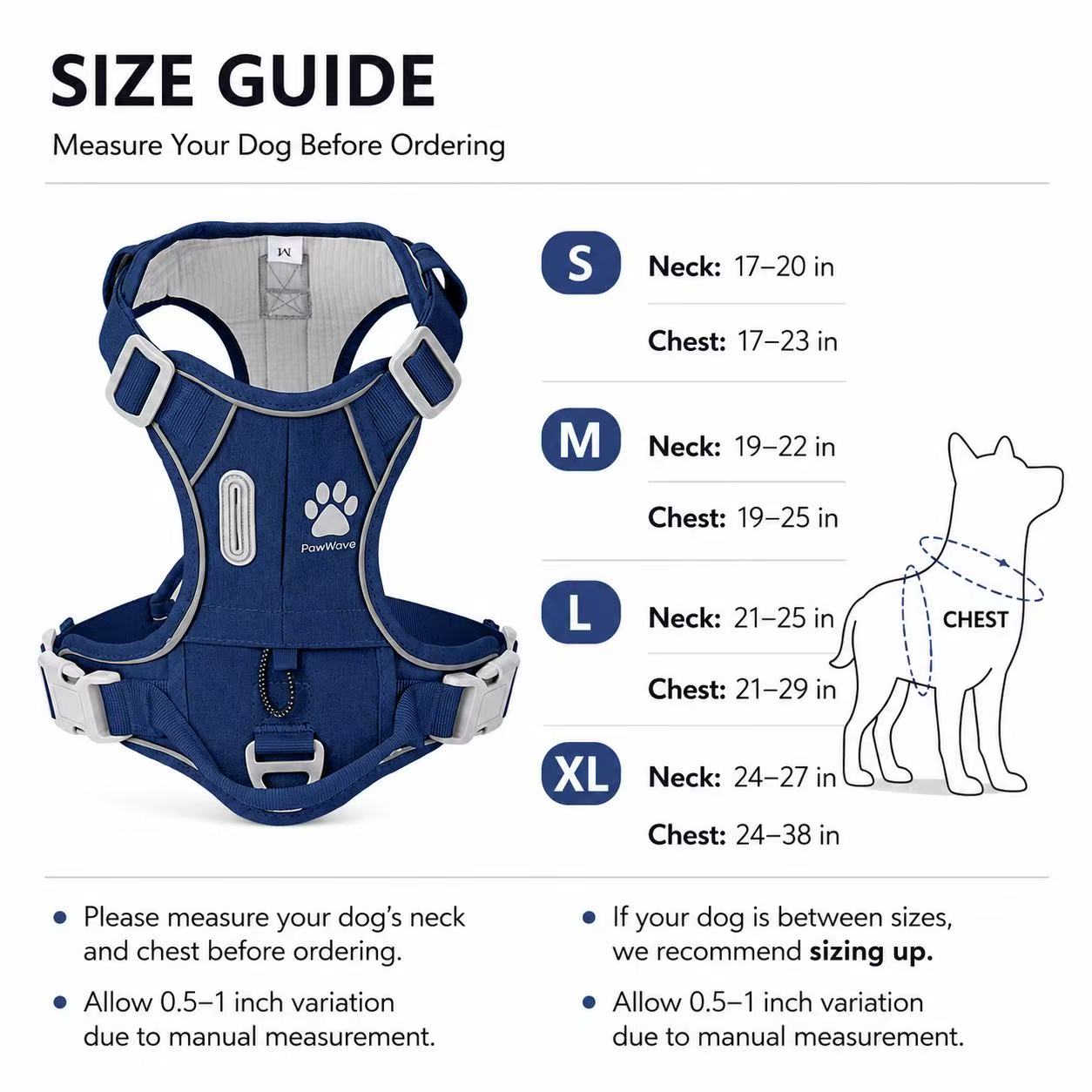 PawWave No Pull Dog Harness with Hidden Tracking Tag Holder– Soft Padded Reflective Vest plus Car Safety Leash set perfectly for small to Large Dogs