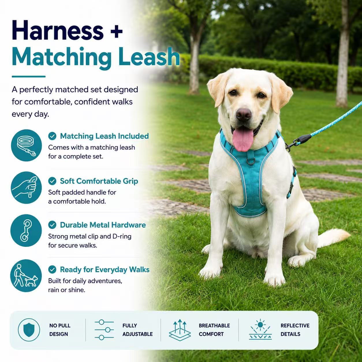 Matching Dog Harness and Leash Set with Hidden Tracker Pocket, Reflective No-Pull