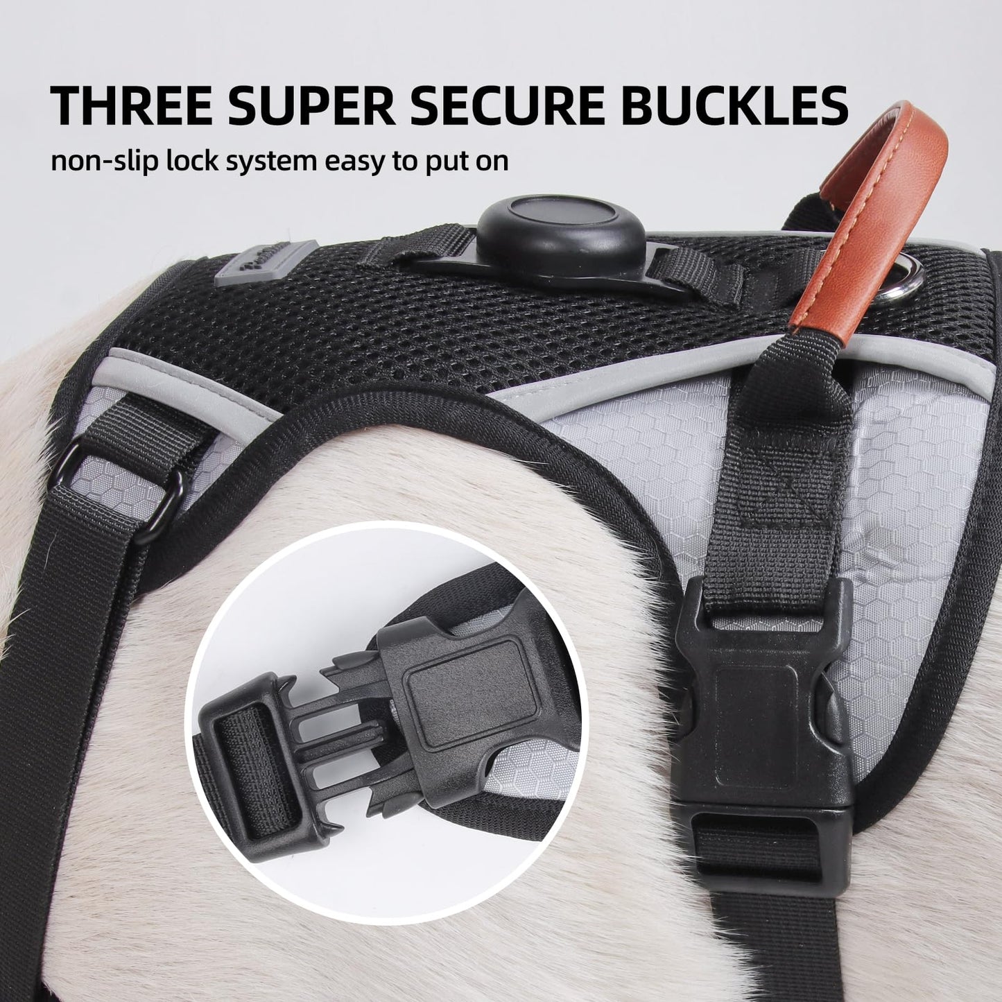 PawWave Dog Harness with GPS Tracker Holder, No-Pull Reflective Vest, Three Secure Buckles, Black